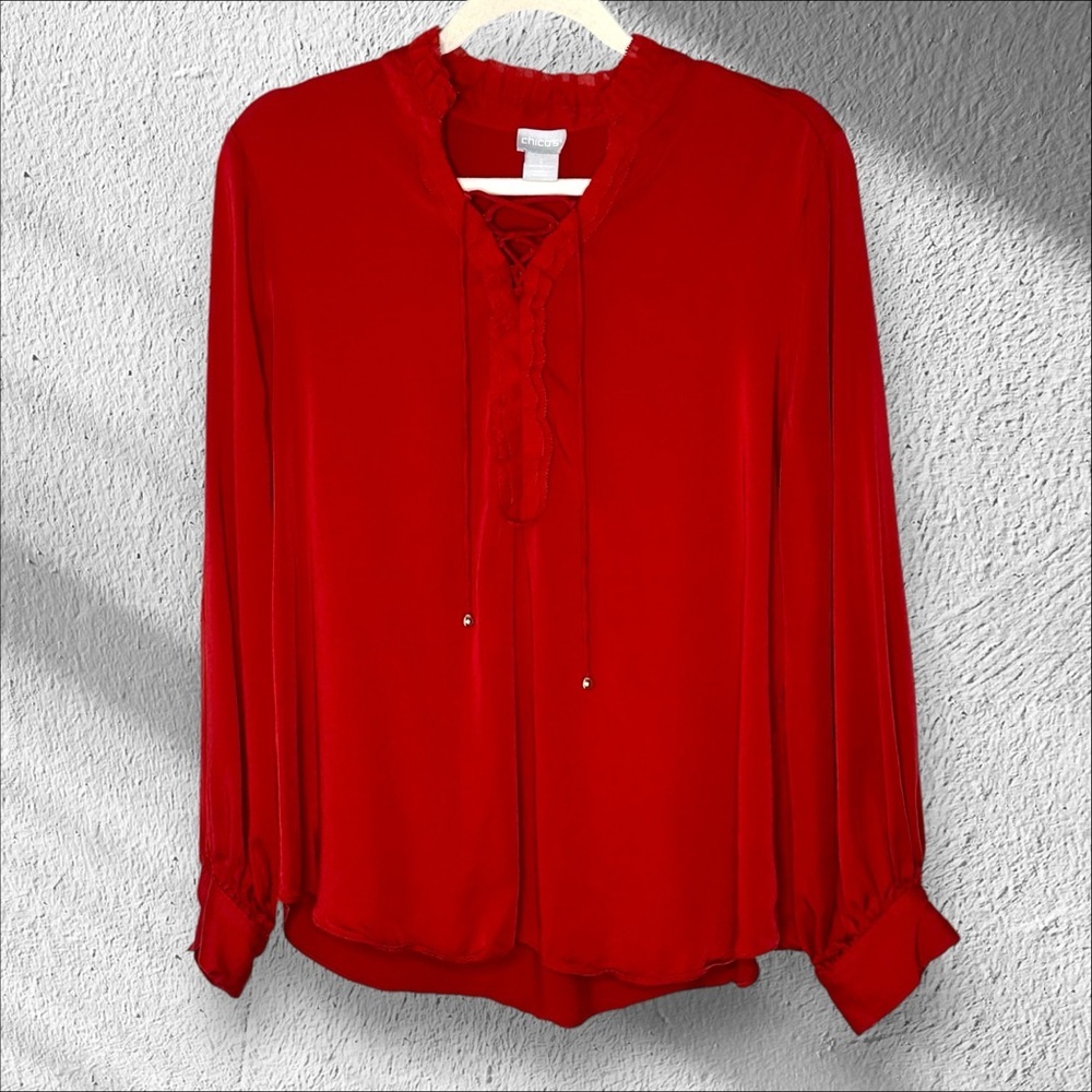 Chicos Size 2 Large Sandwashed Satin Ruffle Blouse Orange Red Lace Up Blouse Top